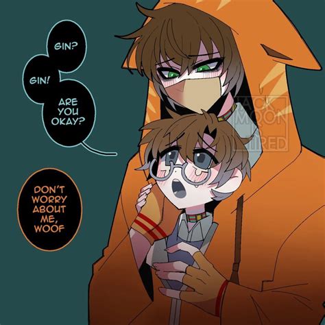 two anime characters one with glasses and the other wearing an orange hoodie