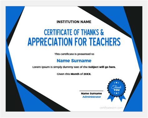 Certificate of Thanks and Appreciation to Teachers | Edit