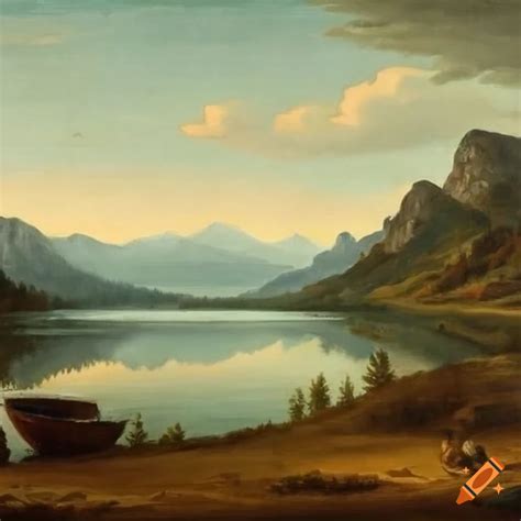 Renaissance painting lake and mountains landscape with boat on the shore on Craiyon