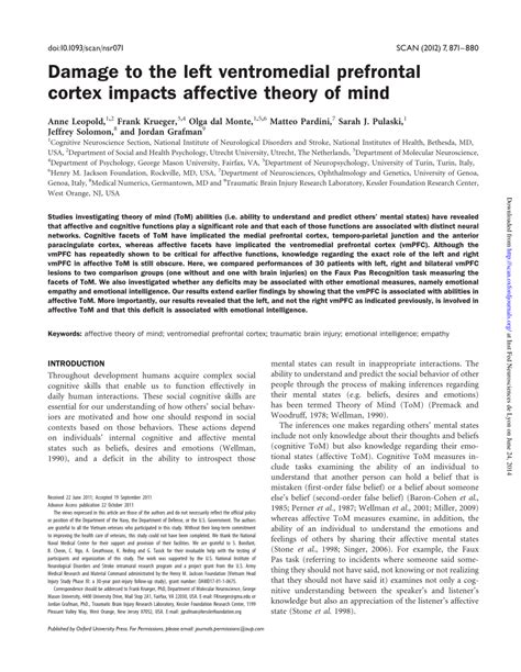 (PDF) Damage to the left ventromedial prefrontal cortex impacts affective theory of mind