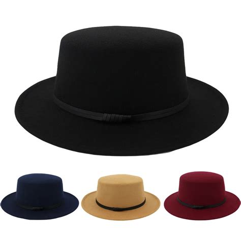 Unisex Wide Brim Wool Belt Felt Flat Top Fedora Hat Party Church Trilby Hats Cap Mature warm and ...