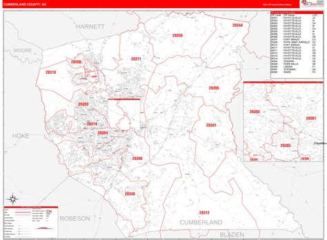 Cumberland County, NC Zip Code Wall Map Red Line Style by MarketMAPS - MapSales