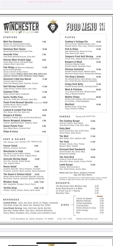 Menu at The Winchester pub & bar, San Antonio