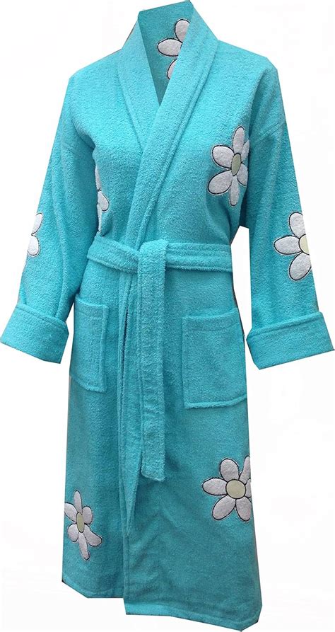 Daisy Appliqued Cotton Terry Cloth Bathrobe, Long, Turquoise, One Size at Amazon Women’s ...