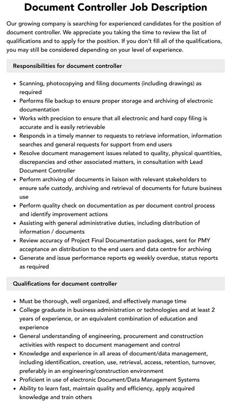 Document Controller Job Description | Velvet Jobs