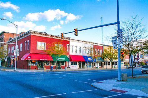 Downtown Goshen, Indiana with blue skies