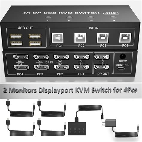 Buy Displayport KVM Switch 4 Computers 2 Monitors, 4K@60Hz 4 Port KVM Switch Dual Monitor ...