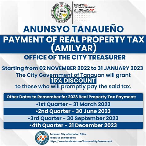 ANUNSYO TANAUEÑO: DATES FOR QUARTERLY REAL PROPERTY TAX (AMILYAR) PAYMENT - Tanauan City Goverment