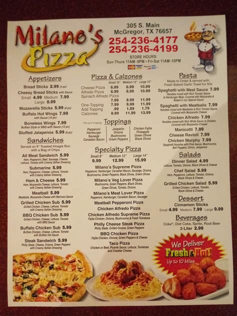 Menu at Milano's Pizza Mcgregor pizzeria, McGregor