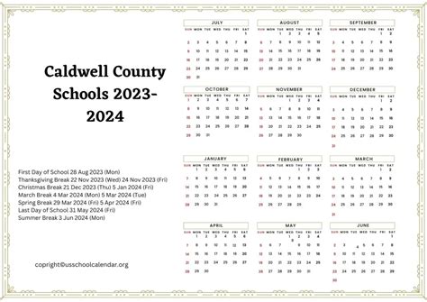 Caldwell County Schools Calendar with Holidays 2023-2024