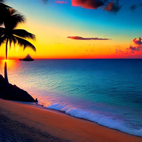 Premium AI Image | HD Serene Beachscape at Sunset with Palm Trees Sunset View of a Serene Beach ...