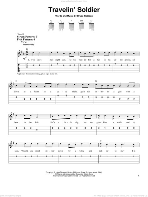 Travelin' Soldier sheet music for guitar solo (easy tablature)