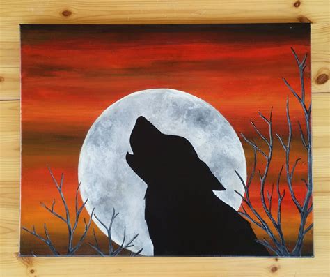 Wolf silhouette moon painting on canvas howling wolf art