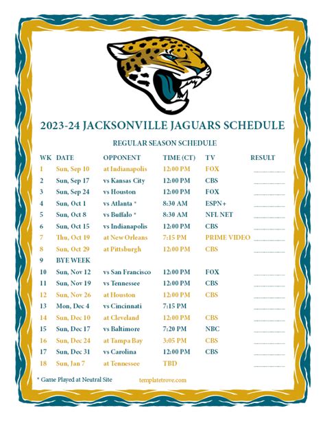 Printable 2023-2024 Jacksonville Jaguars Schedule