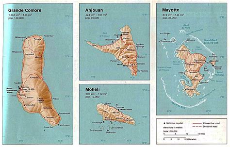 Detailed map of Comoros Islands with relief, roads, cities, ports and airports - 1976 | Comoros ...