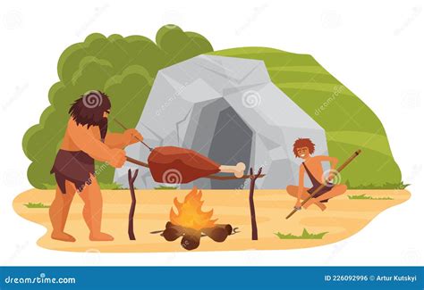 Primitive Neanderthal People Cooking Food Near Cave, Prehistoric Stone ...