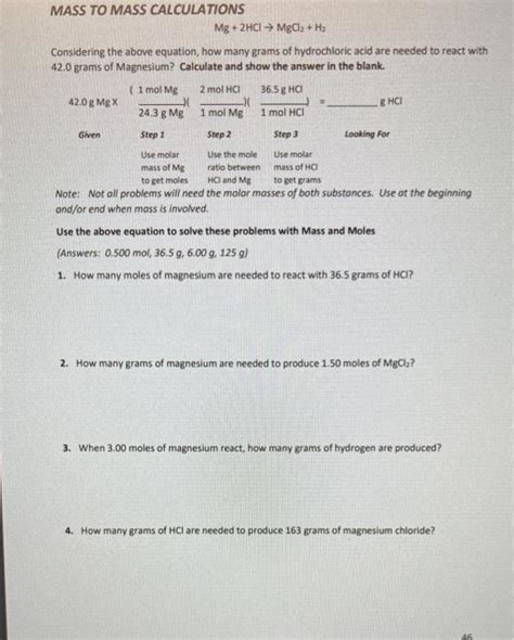 Solved MASS TO MASS CALCULATIONS Mg + 2HCl → MgCl2 + H2 | Chegg.com