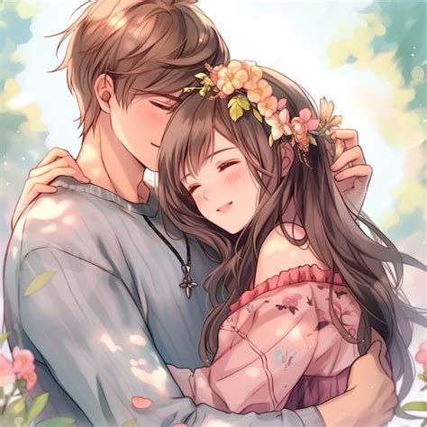 Premium Photo | Anime couple hugging each other in a garden with ...