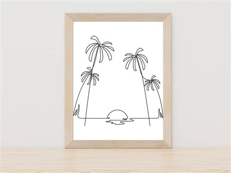 Sunset Beach Line Art Abstract Ocean Landscape Drawing Minimalist Ocean Decor Beach House Decor ...