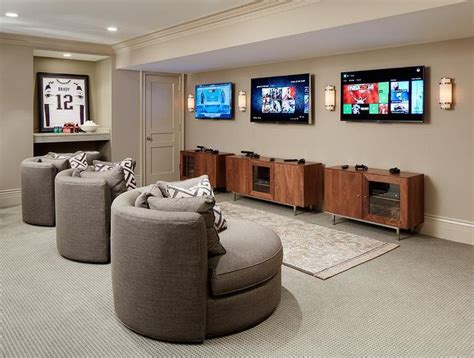 Basement Game Room with Swivel Chairs and Flatscreen TVs - Transitional - Basement - Benjamin ...