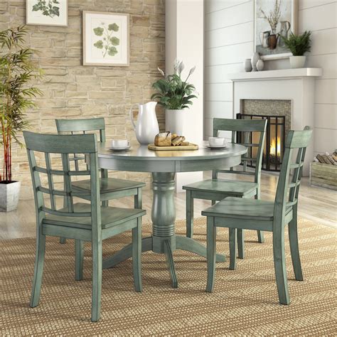 Lexington 5-Piece Wood Dining Set, Round Table and 4 Window Back Chairs, Dark Sea Green ...