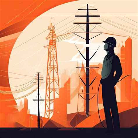 An Electrical Engineer Inspecting a Large Electrical Transmission Tower, with a Blue Sky and ...