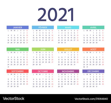 2021 french calendar template year color planner Vector Image