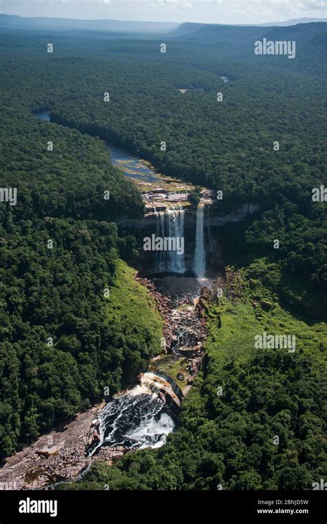 Aerial view of Kumerau Falls, along the Kurupung river, Pakaraima ...