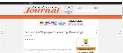 Media Mentions: Corry Journal - 2022 Rankings - Virtual/Augmented Reality (VAR) Lab