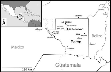 Map of the Department of Petén, Guatemala, with archaeological sites ...