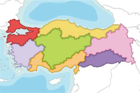 Vector illustrated blank map of Turkey with regions and geographical ...