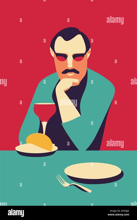 An artsy illustration of a man at a dining table drinking wine against a red background Stock ...