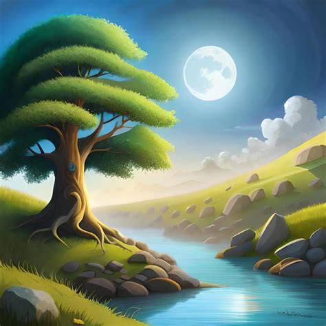 Premium AI Image | A painting of a tree by the river