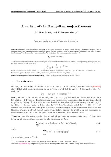 (PDF) A variant of the Hardy-Ramanujan theorem | Ram Murty - Academia.edu