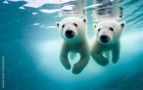 white baby polar bears cubs swimming underwater in blue cold water eye level view. This image ...