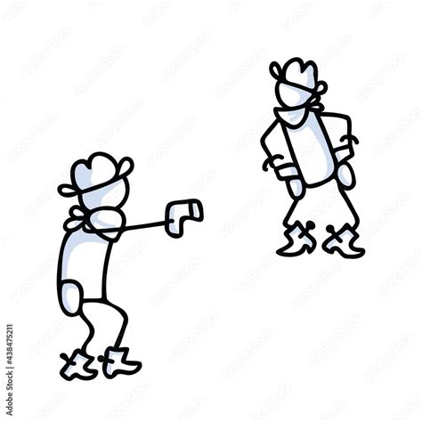 Black and white drawn stick figure of cowboy quick draw clip art. Wild masculine fight for ...