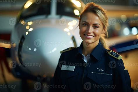 smiling female pilot standing in front of airplane with Generative AI ...