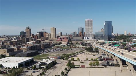 5.7K stock footage aerial video of approaching the city's skyline in Downtown Milwaukee ...