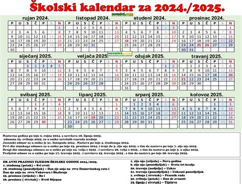 Školski kalendar s praznicima u 2024./2025. | Osnovna škola Pantovčak ...