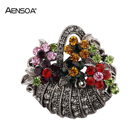 AENSOA Vintage Flower Basket Brooch for Women Cute Black Alloy Rhinestone Crystal Plant Brooches ...