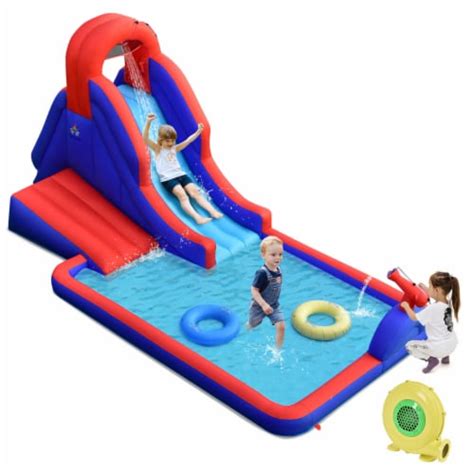 Inflatable Waterslide w/ Climbing Wall Slide Splash Pool Swim Rings ...