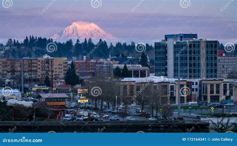 Downtown Olympia Washington with Mount Rainier in the Background during Sunset Stock Image ...