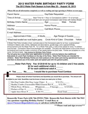 Fillable Online bensenvilleparkdistrict 2013 water park birthday party form - Bensenville Park ...