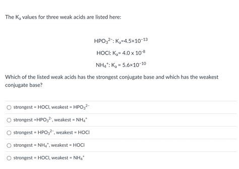 Solved The Ka values for three weak acids are listed here: | Chegg.com