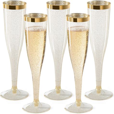 Buy 36 Plastic Champagne Flutes, 6.5 Oz Plastic Glasses Gold Rim & Glitter Gold Mimosa Glasses ...