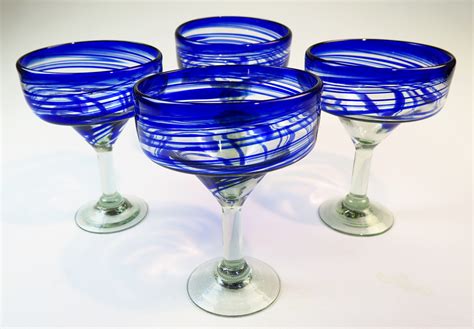 Mexican Margarita Glasses, Blue Swirl, 15oz, set of four hand blown in Mexico with recycled ...