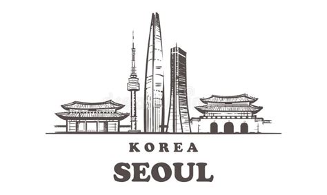 Seoul Sketch Skyline. Korea, Hand Drawn Vector Illustration. Isolated on White Background Stock ...