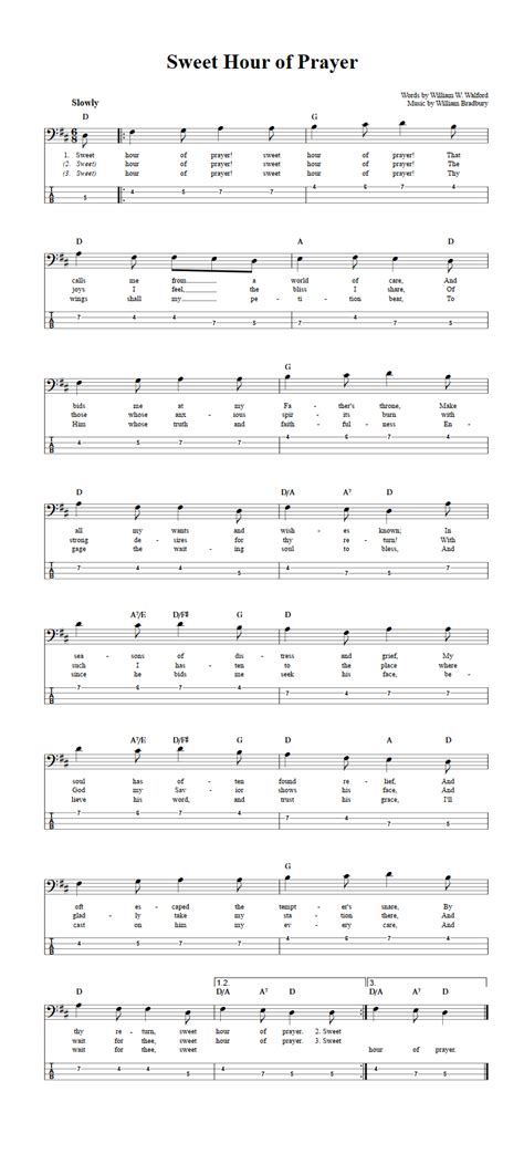 Sweet Hour of Prayer: Chords, Sheet Music, and Tab for Bass Guitar with Lyrics