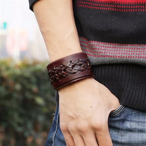 Rock Punk Wide Leather Men's Wrist Band Strap Cross Weaving Bracelet ...