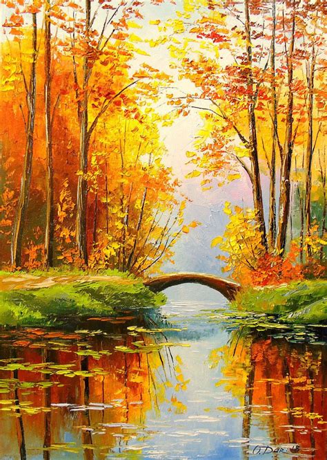 Bridge in the autumn forest, Paintings, Impressionism, Botanical, Landscape, Nature, Canvas, Oil ...